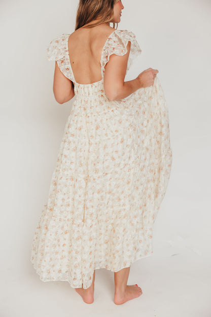 Enchanted Floral & Gingham Ruffled Maxi Dress in Cream/Peach