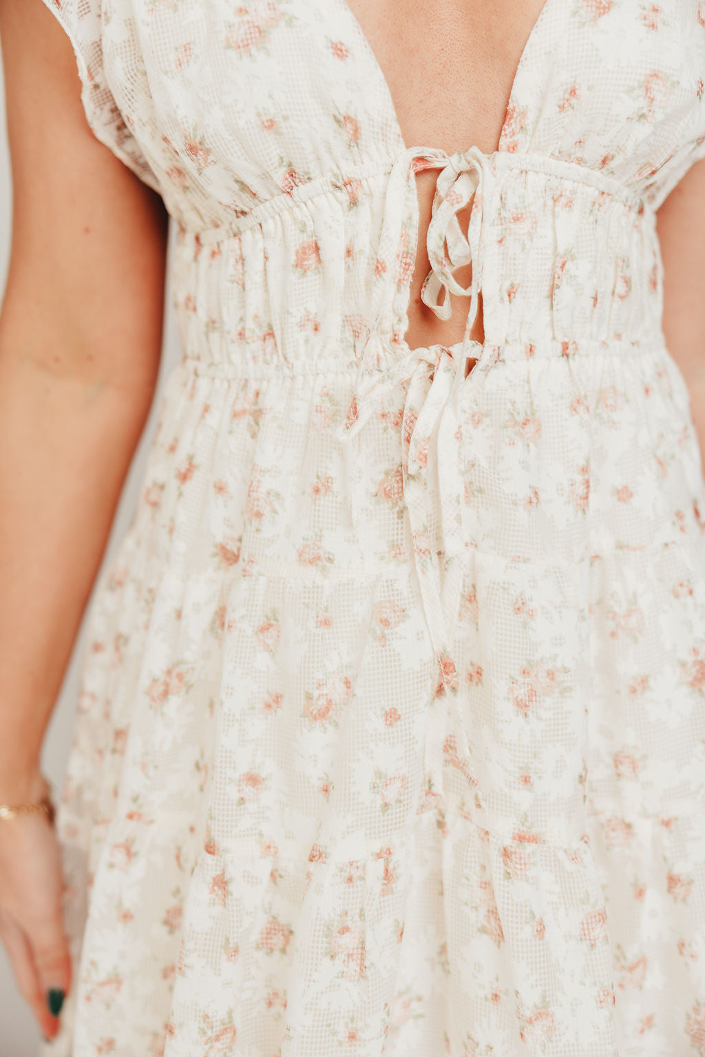 Enchanted Floral & Gingham Ruffled Maxi Dress in Cream/Peach