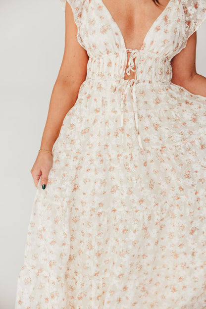 Enchanted Floral & Gingham Ruffled Maxi Dress in Cream/Peach