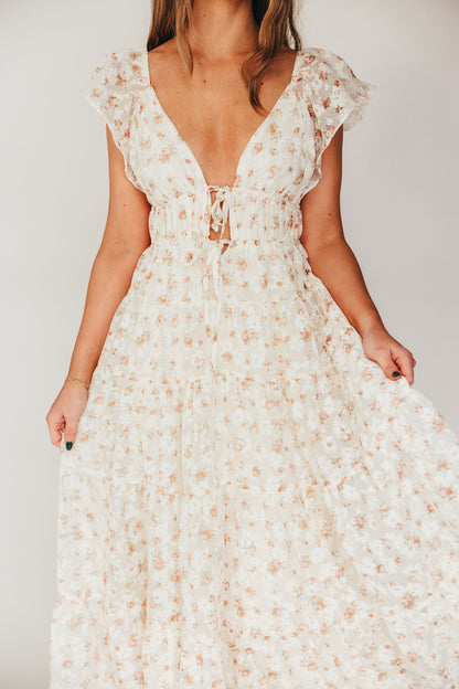 Enchanted Floral & Gingham Ruffled Maxi Dress in Cream/Peach