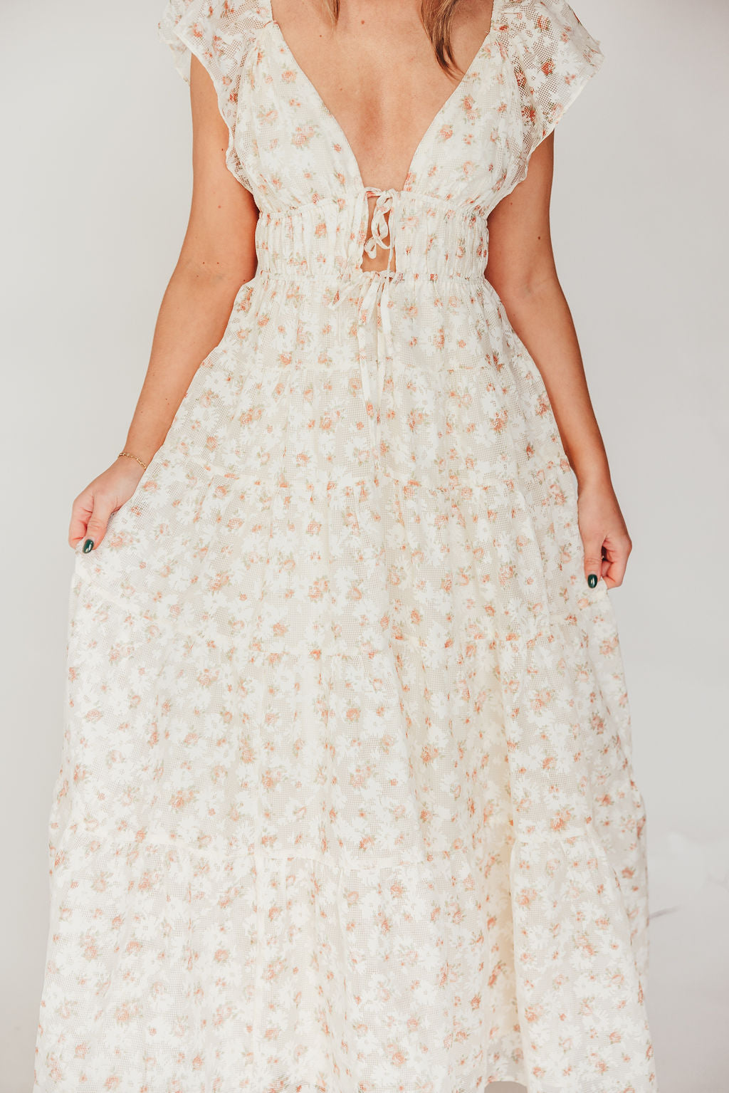 Enchanted Floral & Gingham Ruffled Maxi Dress in Cream/Peach