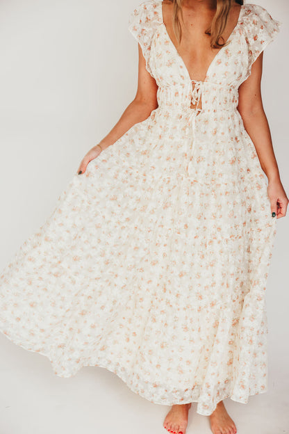 Enchanted Floral & Gingham Ruffled Maxi Dress in Cream/Peach