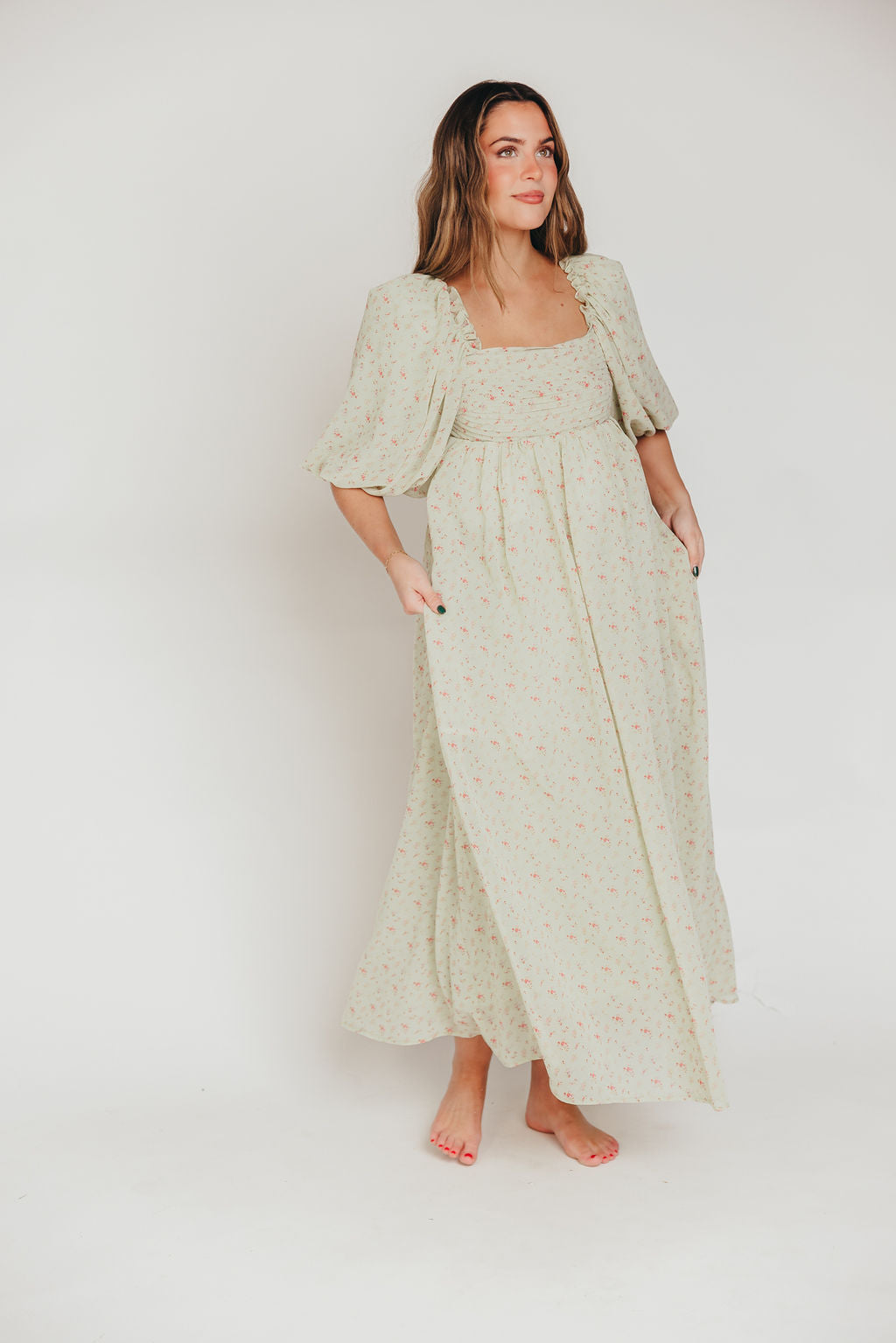 Melody Maxi Dress with Pleats and Bow Detail in Mint Floral - Bump Friendly & Inclusive Sizing (S-3XL)