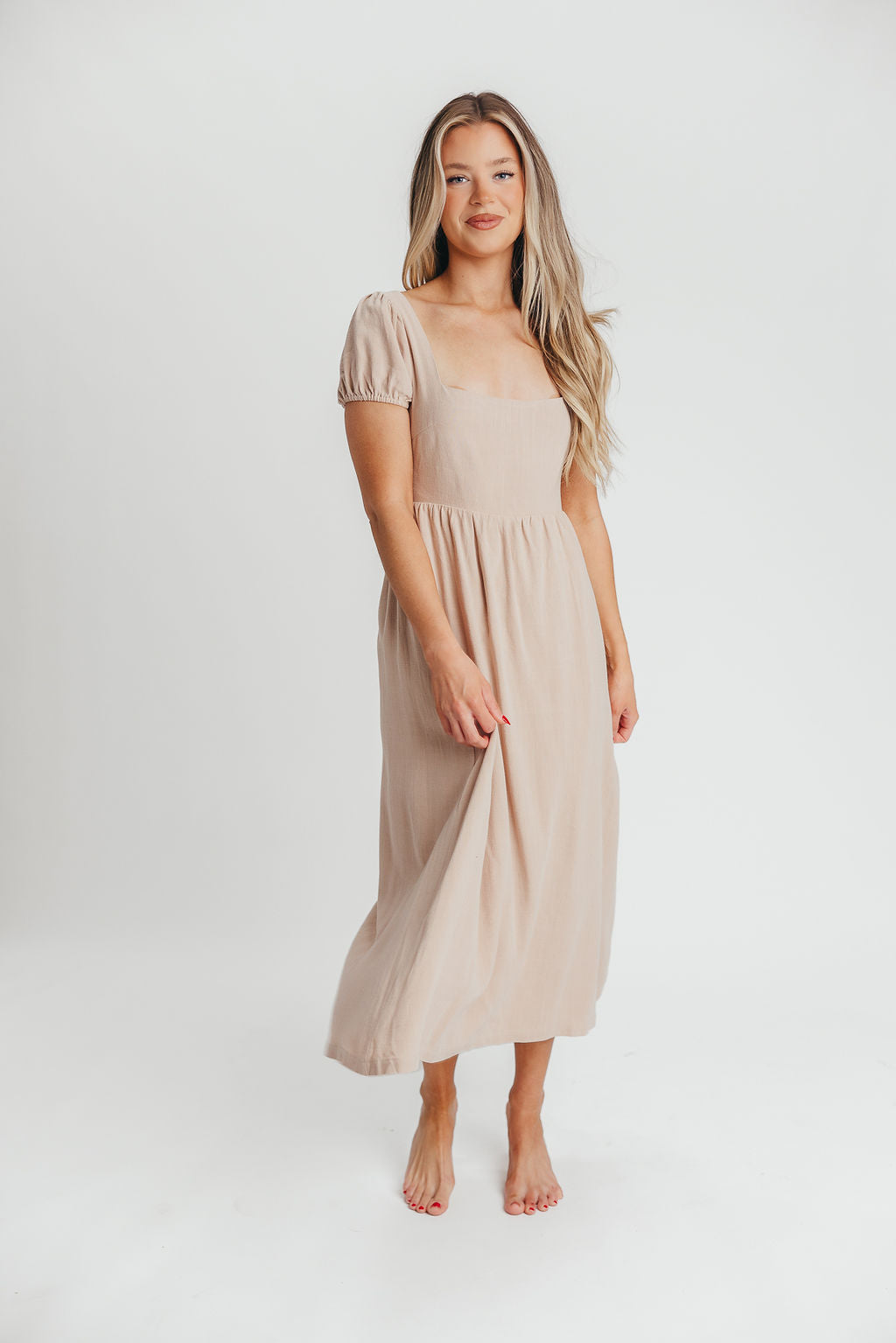 August Open Back Midi Dress in Taupe - Bump Friendly