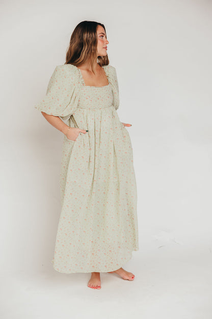 Melody Maxi Dress with Pleats and Bow Detail in Mint Floral - Bump Friendly & Inclusive Sizing (S-3XL)