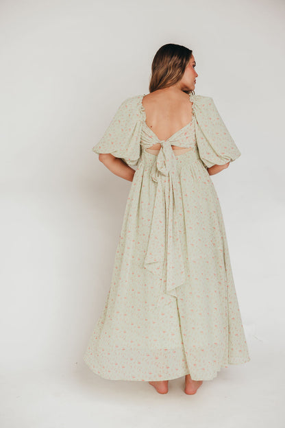 Melody Maxi Dress with Pleats and Bow Detail in Mint Floral - Bump Friendly & Inclusive Sizing (S-3XL)