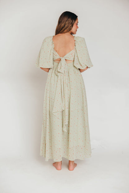 Melody Maxi Dress with Pleats and Bow Detail in Mint Floral - Bump Friendly & Inclusive Sizing (S-3XL)