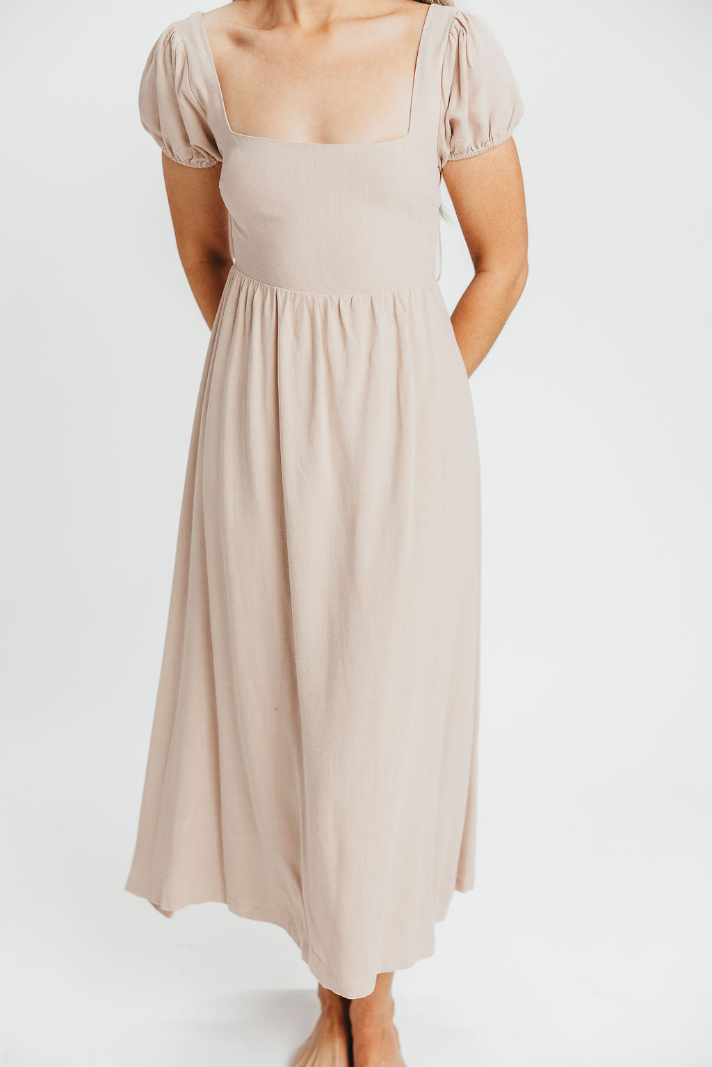 August Open Back Midi Dress in Taupe - Bump Friendly