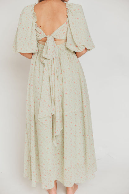 Melody Maxi Dress with Pleats and Bow Detail in Mint Floral - Bump Friendly & Inclusive Sizing (S-3XL)