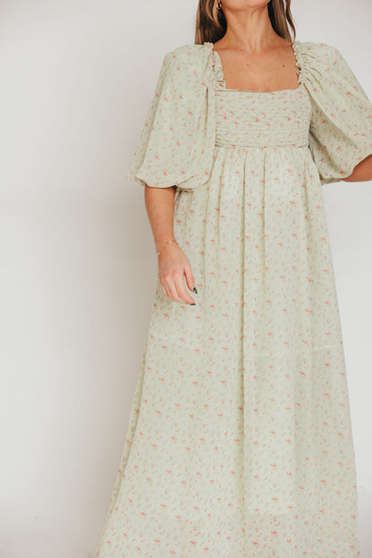 Melody Maxi Dress with Pleats and Bow Detail in Mint Floral - Bump Friendly & Inclusive Sizing (S-3XL)