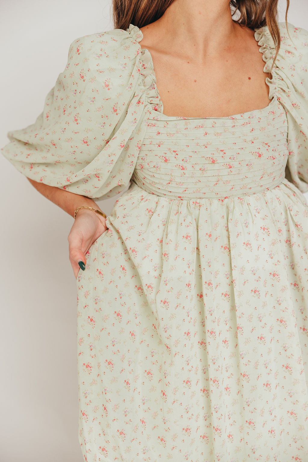 Melody Maxi Dress with Pleats and Bow Detail in Mint Floral - Bump Friendly & Inclusive Sizing (S-3XL)