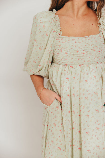 Melody Maxi Dress with Pleats and Bow Detail in Mint Floral - Bump Friendly & Inclusive Sizing (S-3XL)