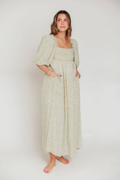 Melody Maxi Dress with Pleats and Bow Detail in Mint Floral - Bump Friendly & Inclusive Sizing (S-3XL)