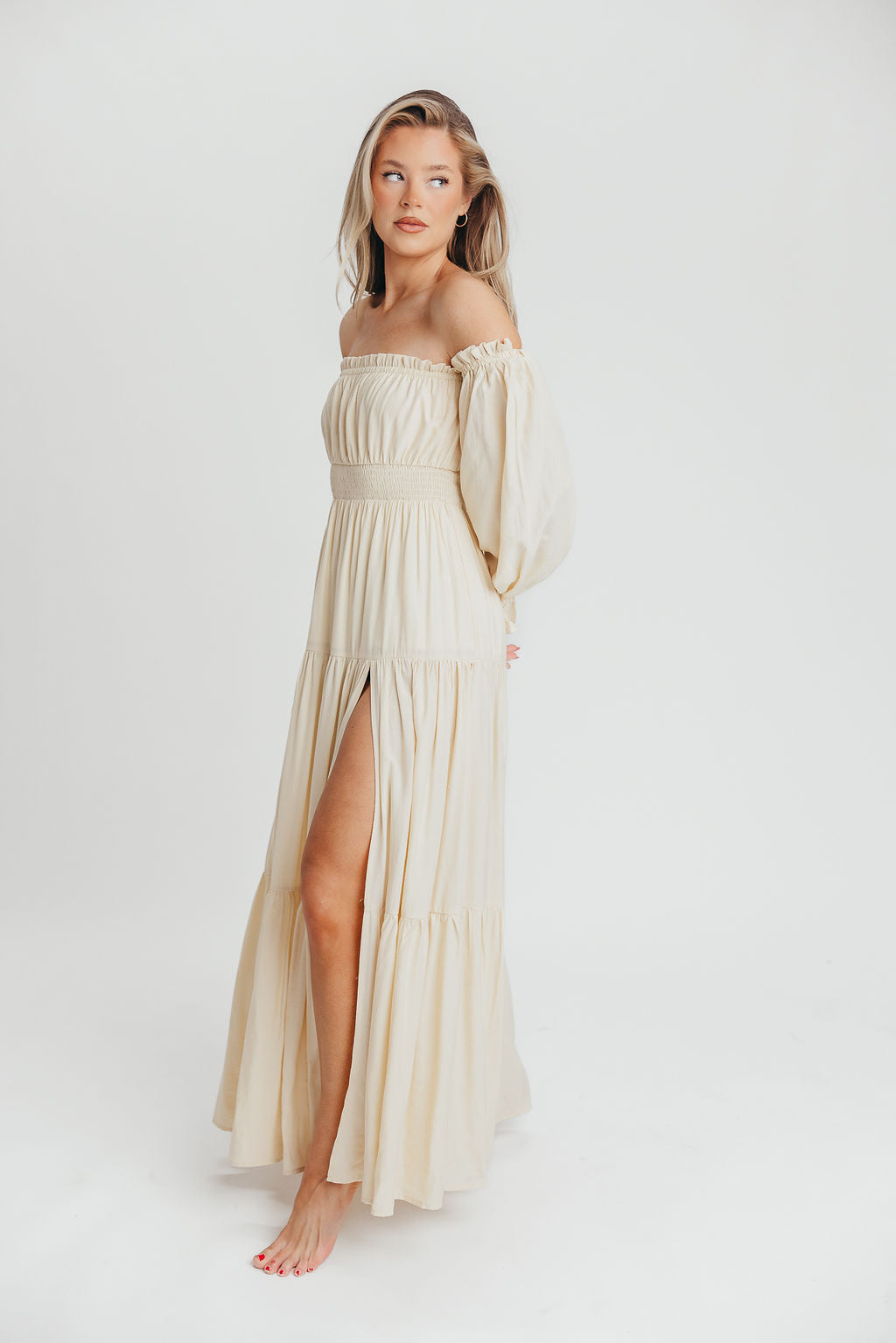 Harper Cru Long Sleeve Off-Shoulder Maxi Dress in Cream (S-XL)