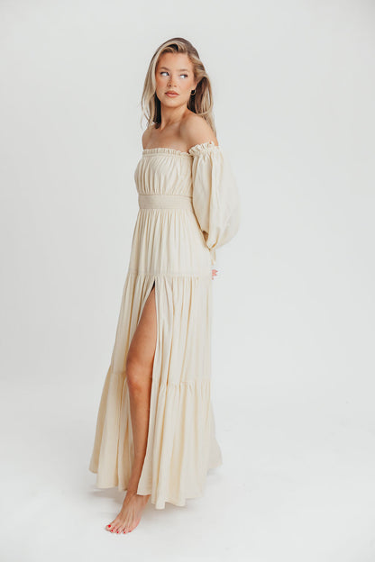 Harper Cru Long Sleeve Off-Shoulder Maxi Dress in Cream (S-XL)