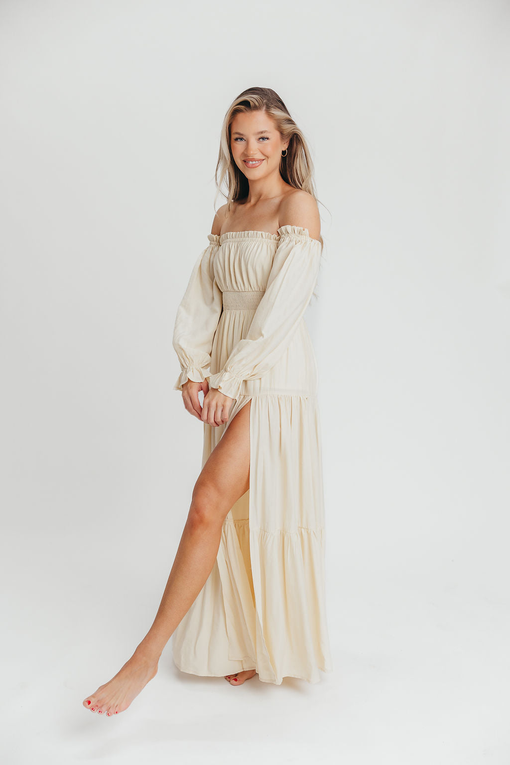 Harper Cru Long Sleeve Off-Shoulder Maxi Dress in Cream (S-XL)