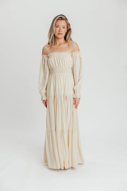 Harper Cru Long Sleeve Off-Shoulder Maxi Dress in Cream (S-XL)