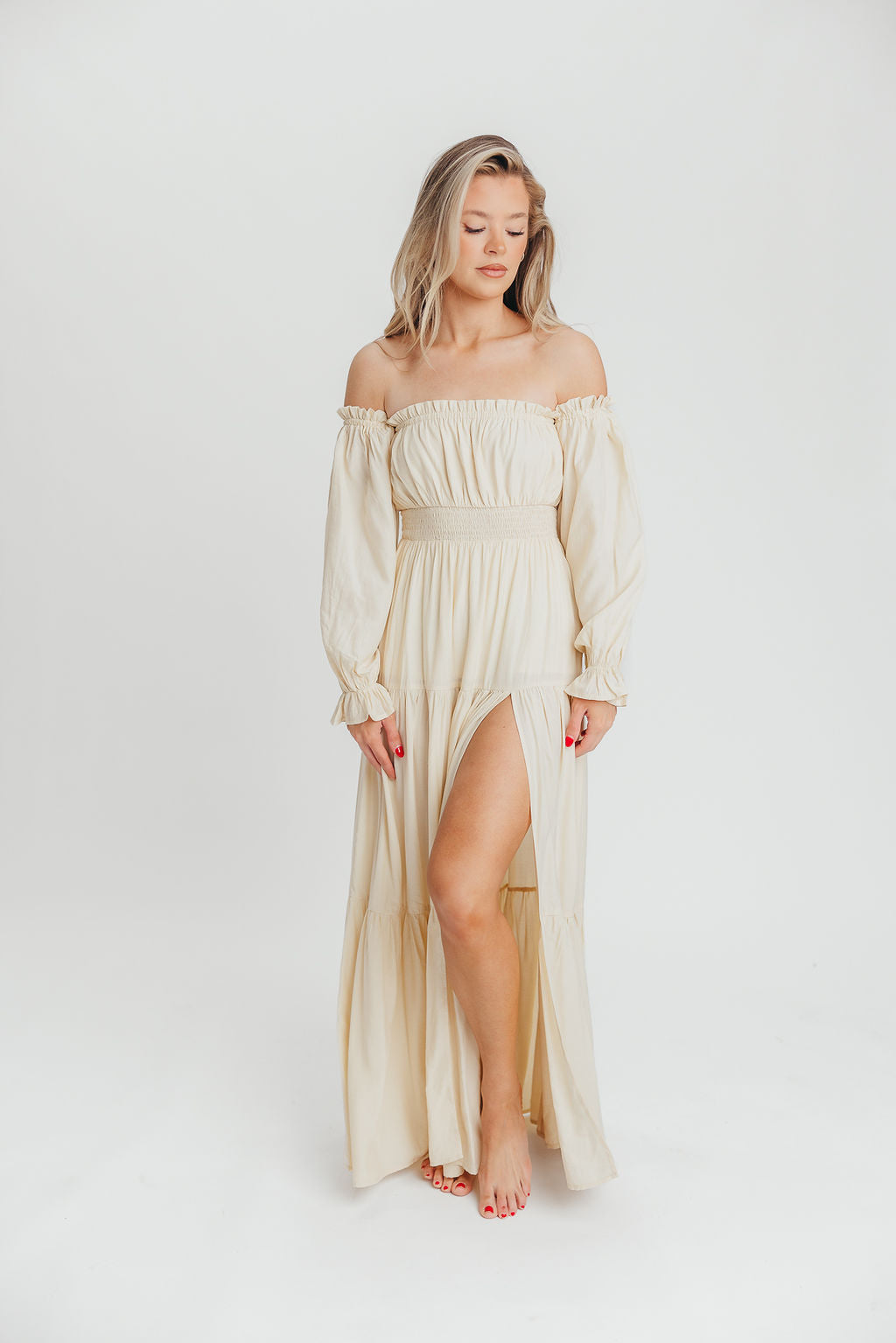 Harper Cru Long Sleeve Off-Shoulder Maxi Dress in Cream (S-XL)