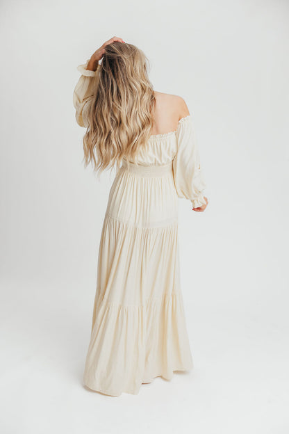 Harper Cru Long Sleeve Off-Shoulder Maxi Dress in Cream (S-XL)