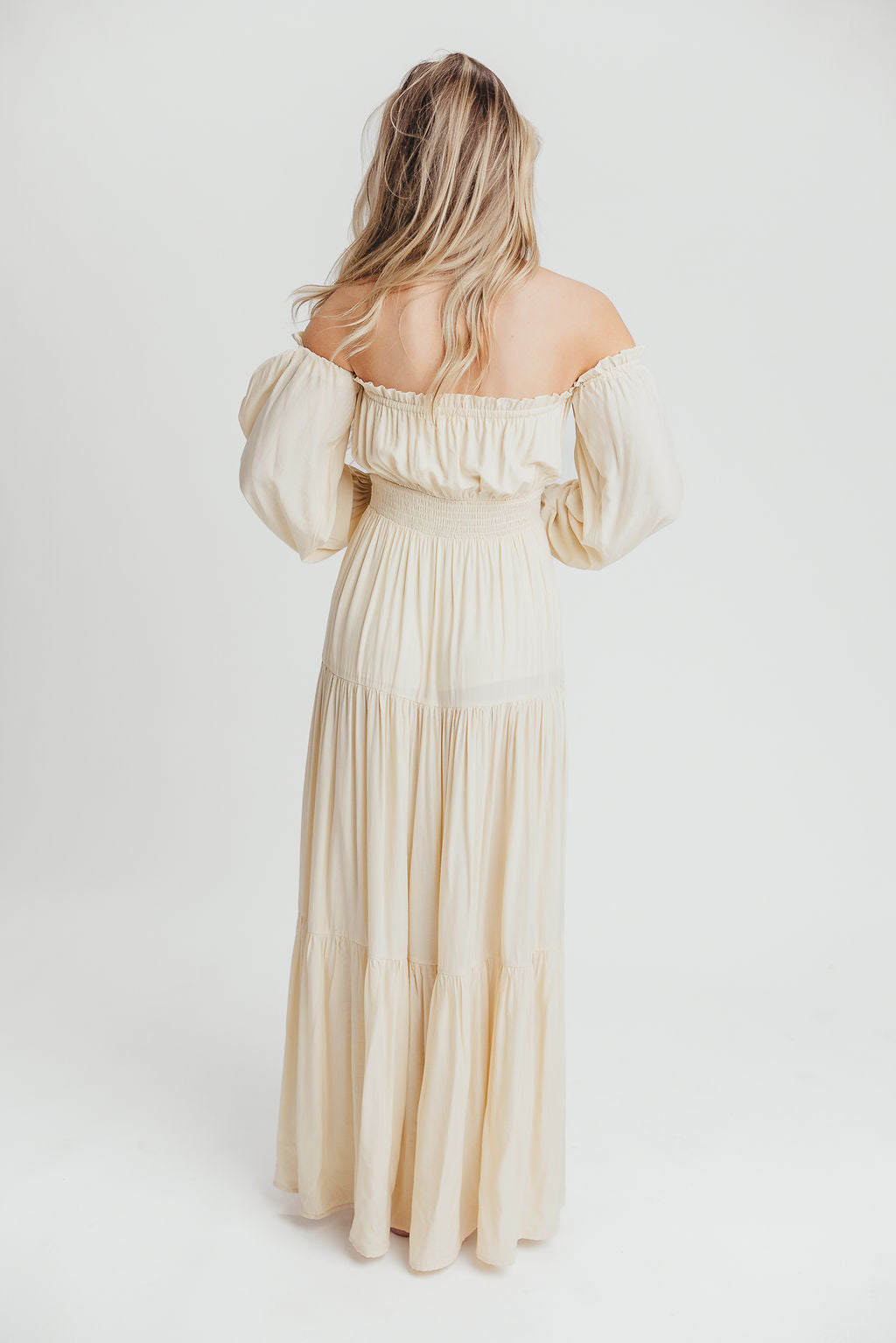 Harper Cru Long Sleeve Off-Shoulder Maxi Dress in Cream (S-XL)