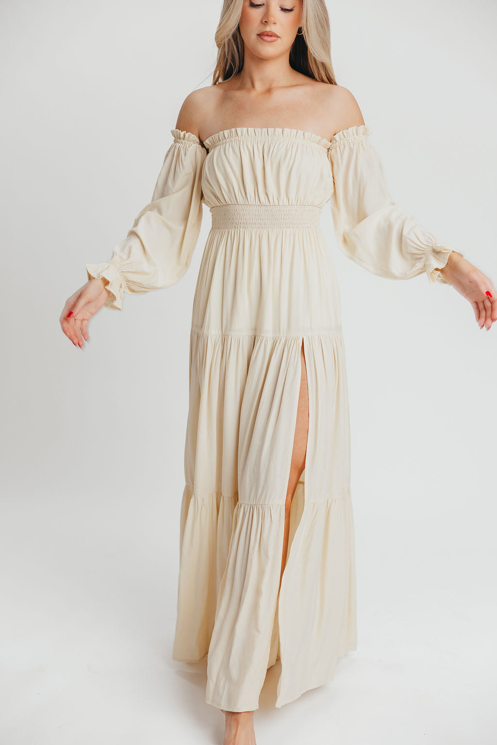 Harper Cru Long Sleeve Off-Shoulder Maxi Dress in Cream (S-XL)