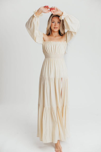 Harper Cru Long Sleeve Off-Shoulder Maxi Dress in Cream (S-XL)