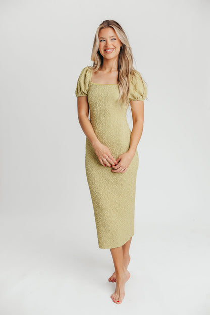 Mila Puffed Sleeve Midi Dress in Lime