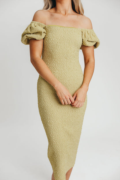 Mila Puffed Sleeve Midi Dress in Lime