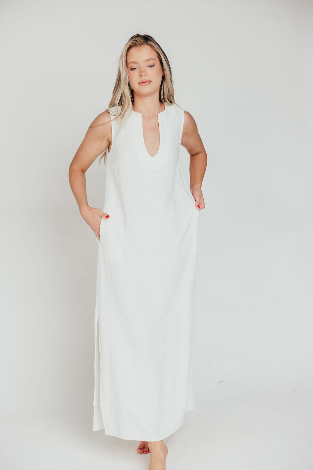 How Sweet It Is Sleeveless Linen-Blend Maxi in Ivory - Bump Friendly