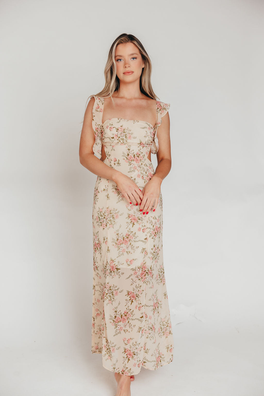 Beloved Flutter Sleeve Maxi Dress in Blush Pink Floral