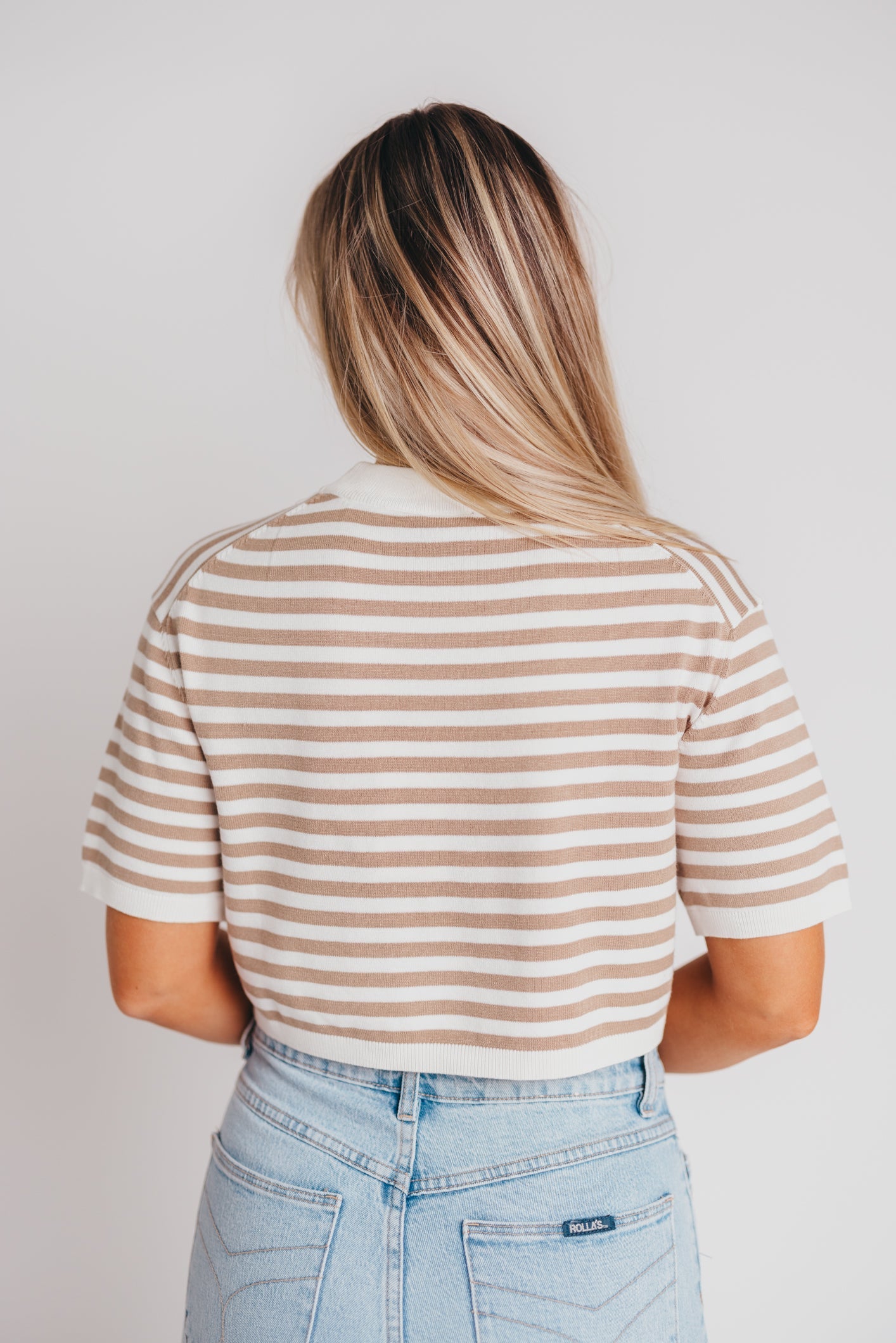 Anjou Short Sleeve Knitted Top in Tan/White