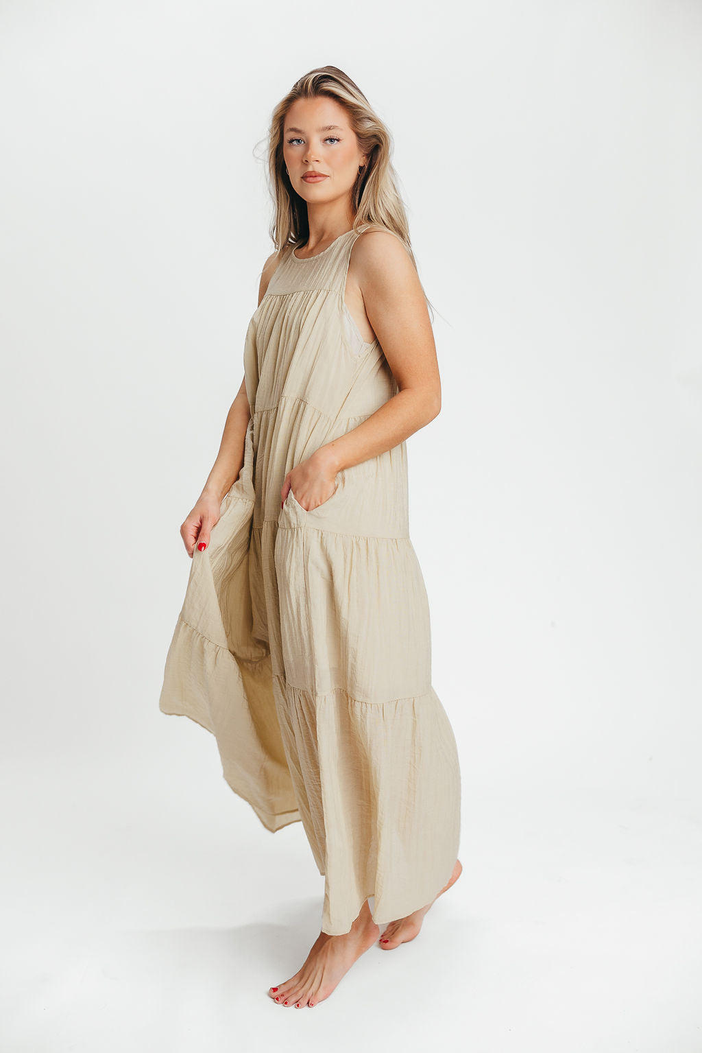 Lelia Tiered Tank Maxi Dress in Taupe - Bump Friendly