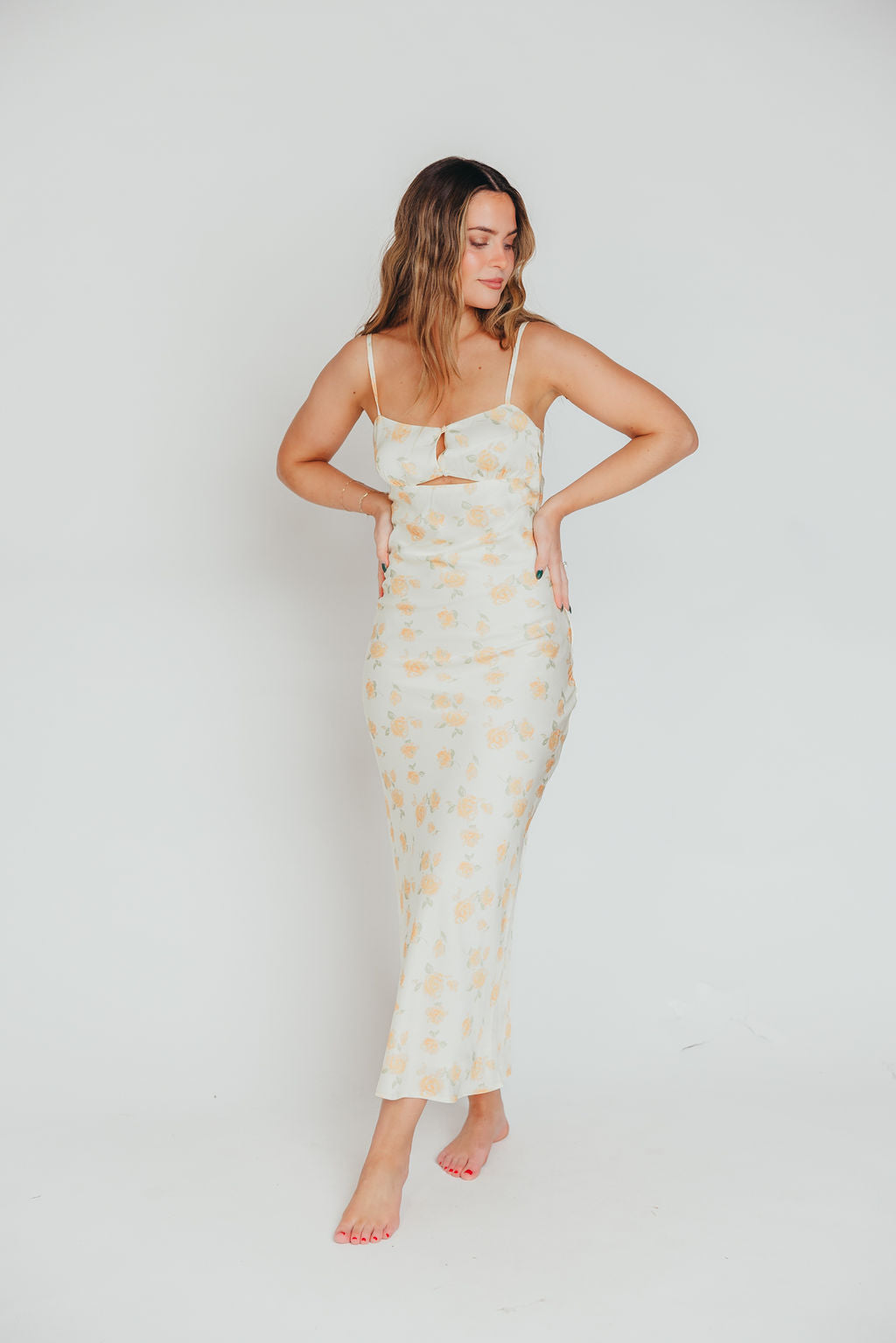 Caden Spring Floral Satin Maxi Dress with Bias Cut in Custard