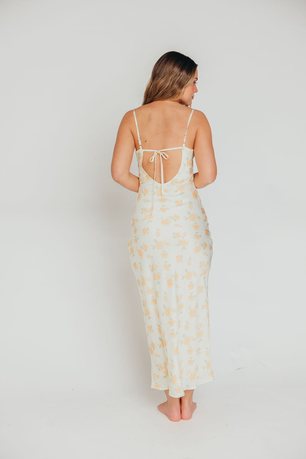 Caden Spring Floral Satin Maxi Dress with Bias Cut in Custard