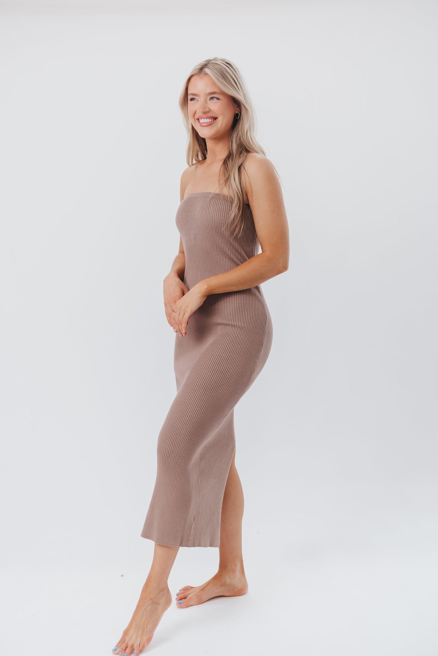 Courtney Ribbed Knit Strapless Maxi Dress in Mocha