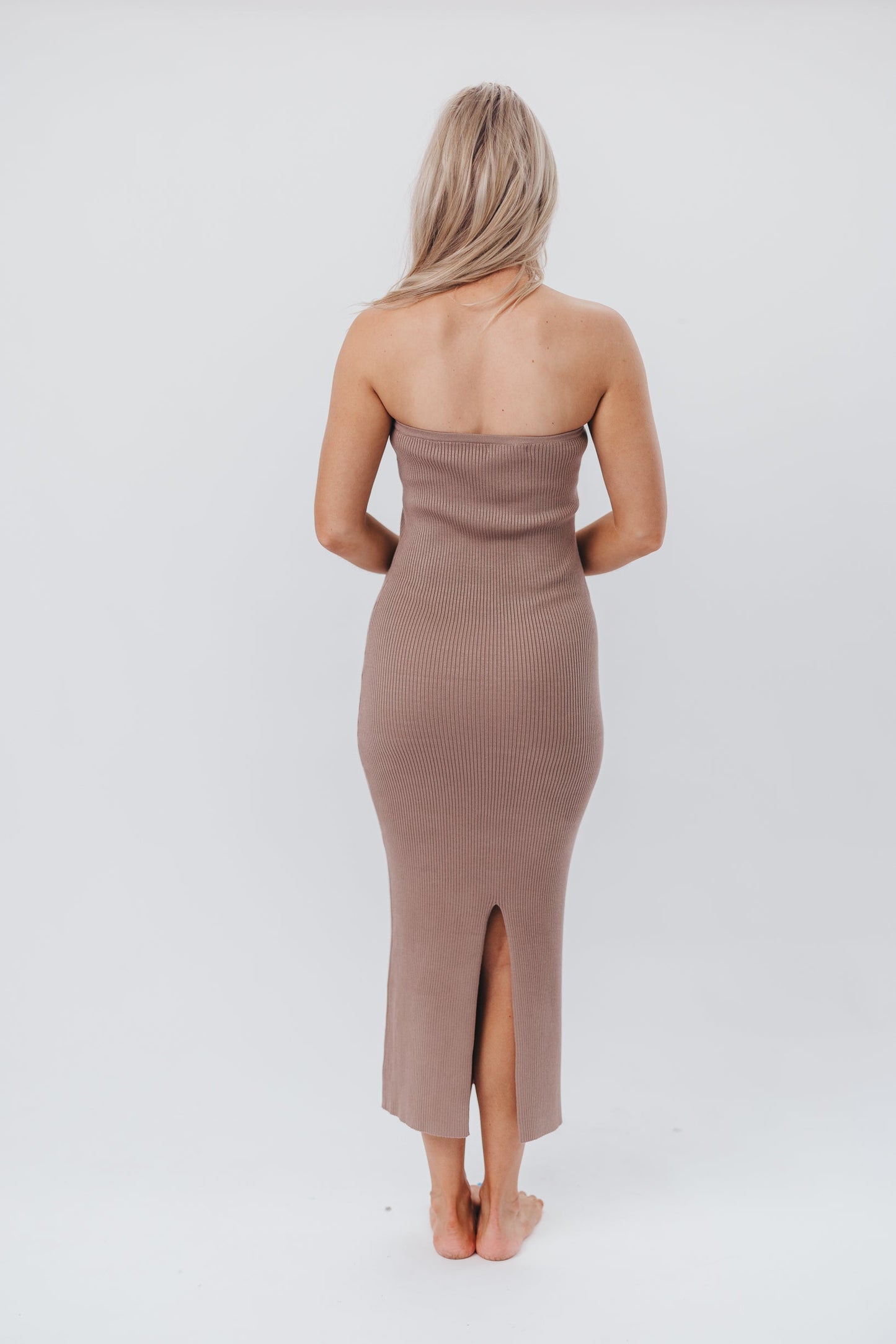 Courtney Ribbed Knit Strapless Maxi Dress in Mocha