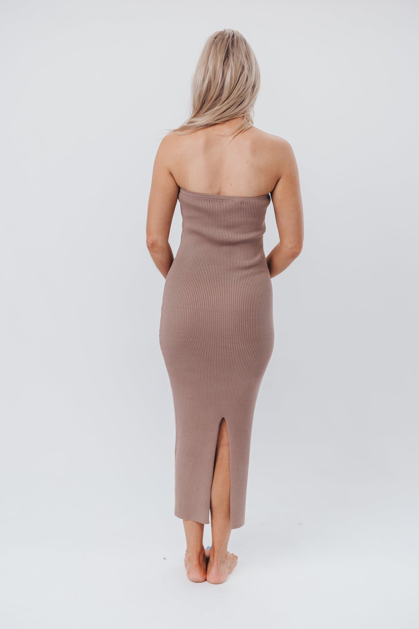 Courtney Ribbed Knit Strapless Maxi Dress in Mocha