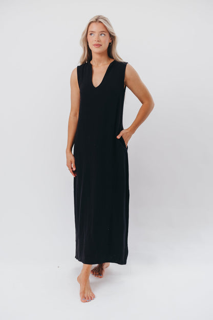 How Sweet It Is Sleeveless Linen-Blend Maxi in Black - Bump Friendly