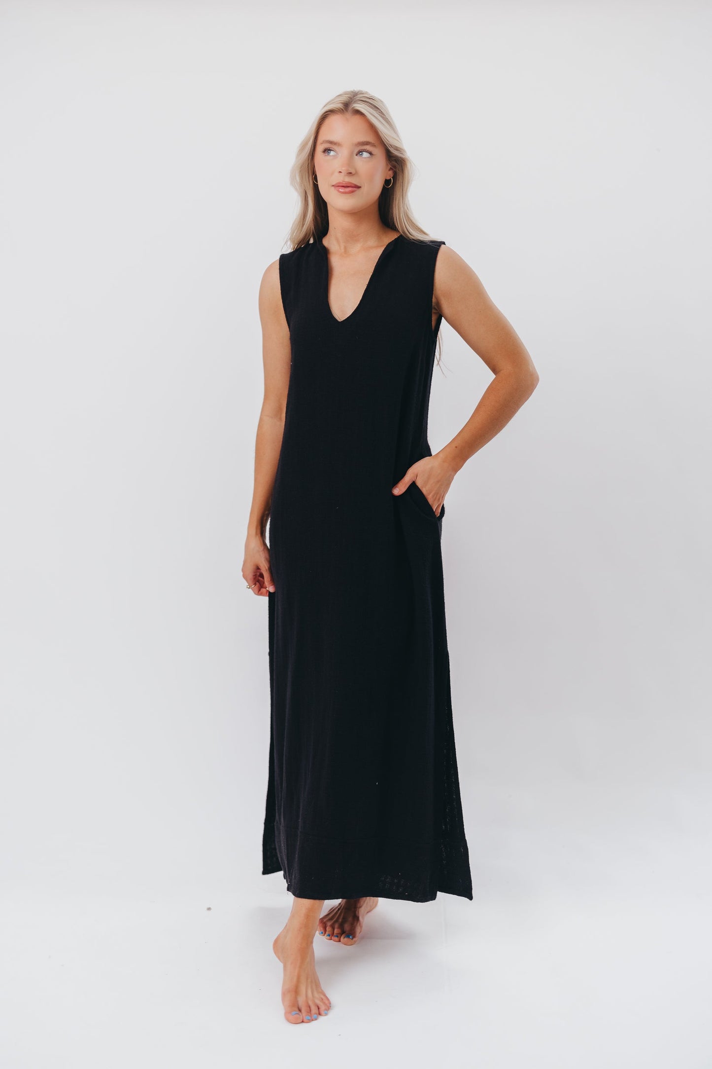 How Sweet It Is Sleeveless Linen-Blend Maxi in Black - Bump Friendly