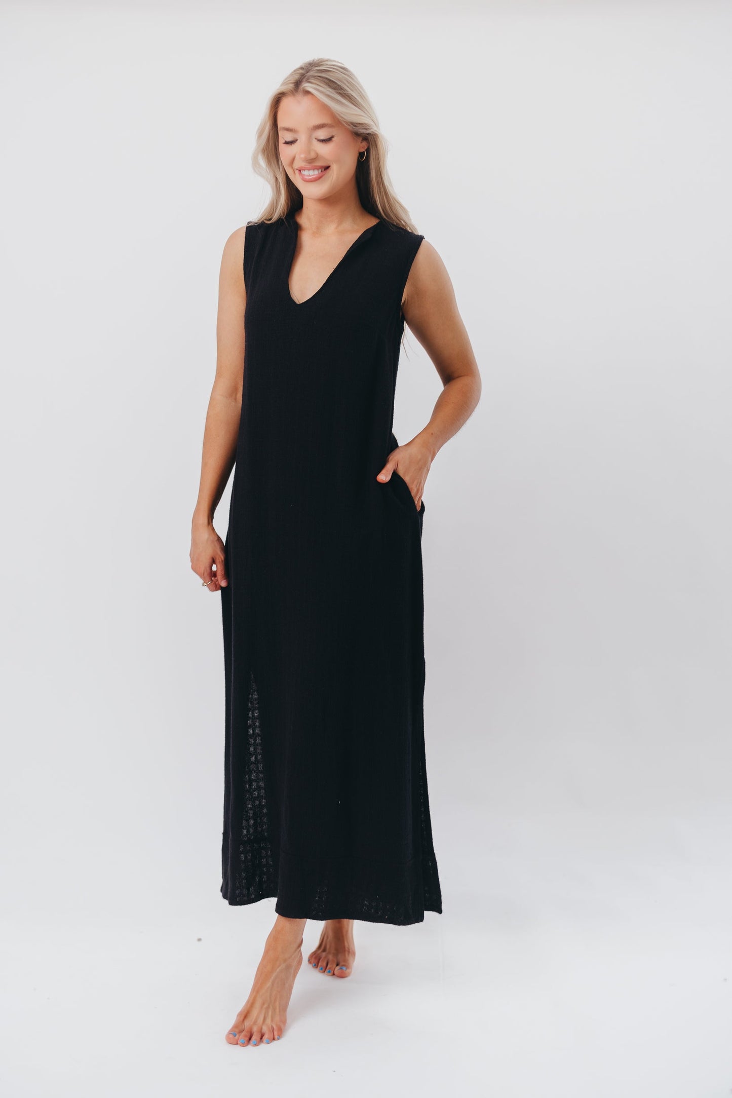 How Sweet It Is Sleeveless Linen-Blend Maxi in Black - Bump Friendly