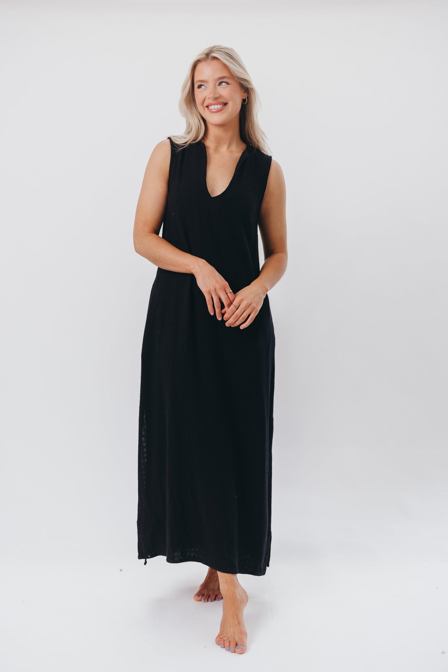 How Sweet It Is Sleeveless Linen-Blend Maxi in Black - Bump Friendly