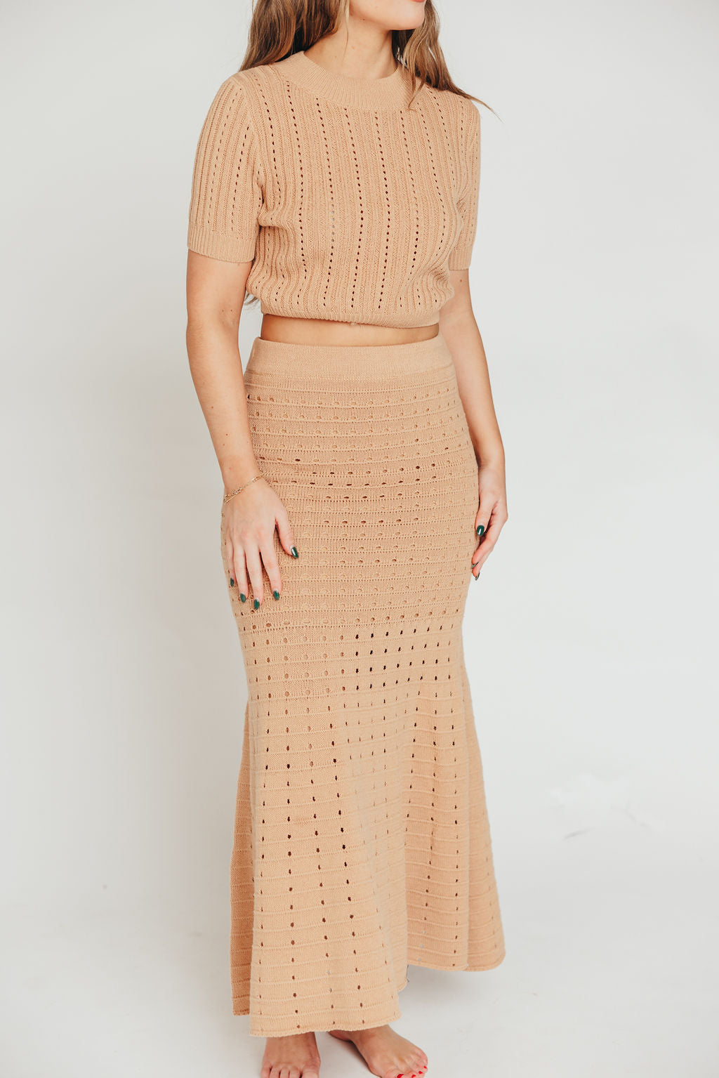 Beckham Pointelle Sweater Knit Top & Maxi Skirt Set in Light Mocha