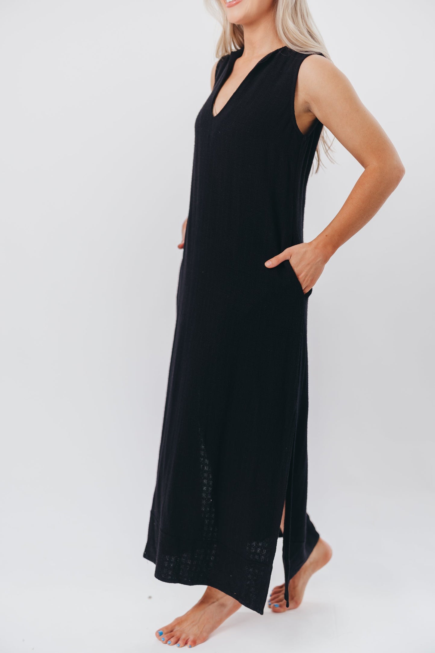 How Sweet It Is Sleeveless Linen-Blend Maxi in Black - Bump Friendly