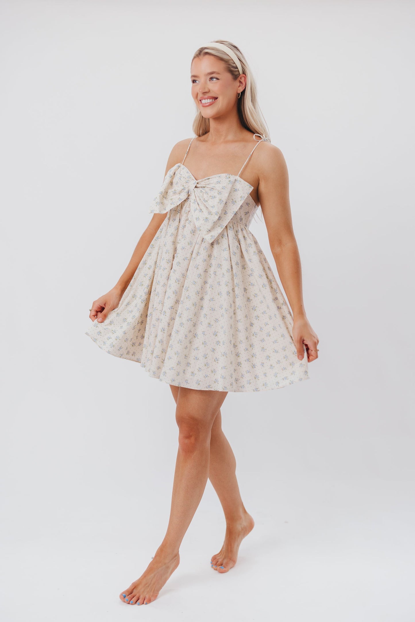 Irelyn Babydoll Mini Dress with Bow Accent in Cream/Blue Floral & Polka Dot