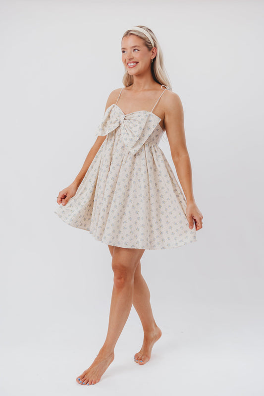 Irelyn Babydoll Mini Dress with Bow Accent in Cream/Blue Floral & Polka Dot