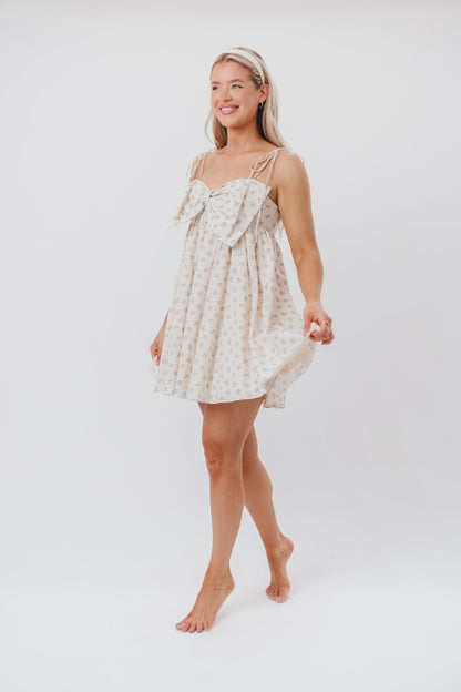 Irelyn Babydoll Mini Dress with Bow Accent in Cream/Blue Floral & Polka Dot