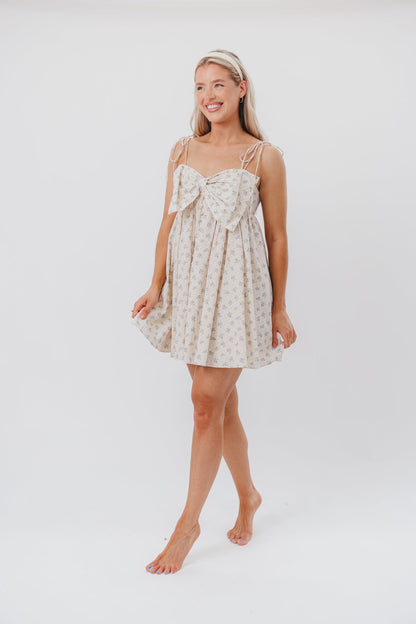 Irelyn Babydoll Mini Dress with Bow Accent in Cream/Blue Floral & Polka Dot