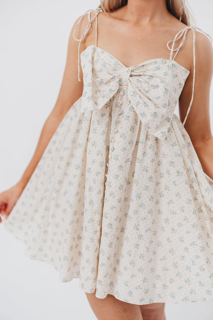 Irelyn Babydoll Mini Dress with Bow Accent in Cream/Blue Floral & Polka Dot