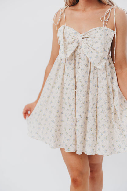 Irelyn Babydoll Mini Dress with Bow Accent in Cream/Blue Floral & Polka Dot