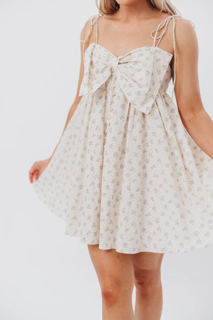 Irelyn Babydoll Mini Dress with Bow Accent in Cream/Blue Floral & Polka Dot